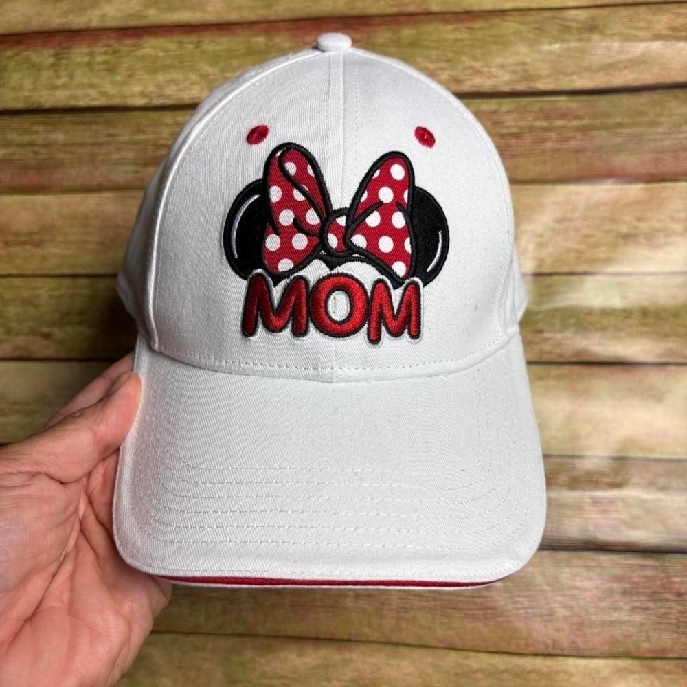 Disney Minnie Mouse Mom Cap with red polka dot bow and 'MOM' text,‎ a w/ stain
